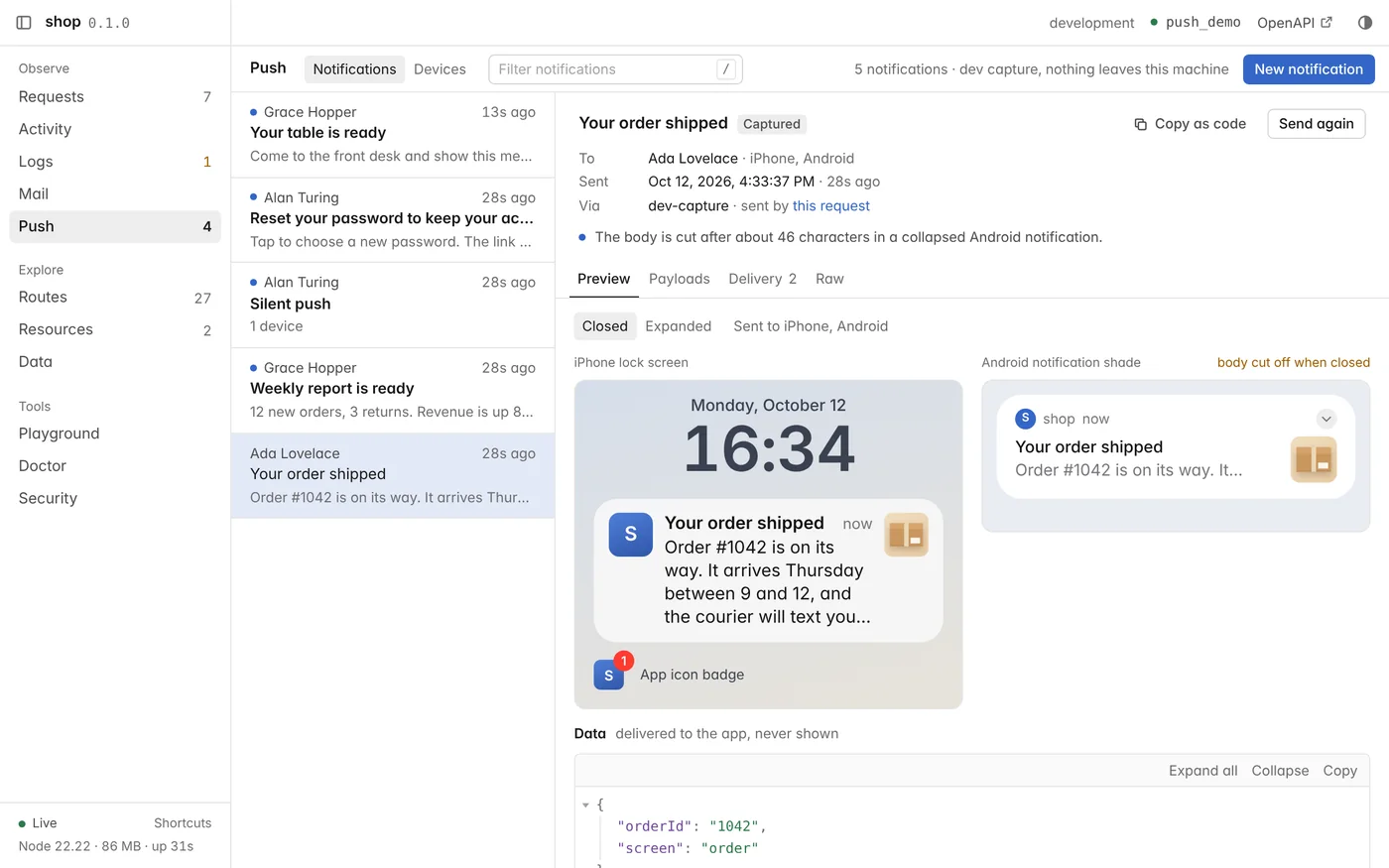 The devtools Push panel: a notification shown on an iPhone lock screen and in the Android notification shade, with a warning that the body is cut off on Android